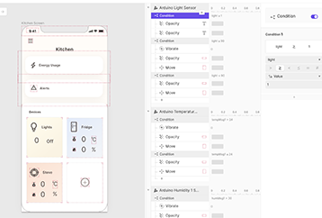 So I implemented this idea to test to see if the conditions would work under the receive trigger for each sensor that I wanted to have and alert for. To do this I started with the light sensor and then added it to the rest if it was working when we tested it. I sent the notifications opacity to 0 and then in the condition I said if the light sensor data was above 90 the opacity of the notification would change to 100 and then the user would see the alert. I repeat a similar process with the temperature sensors and the humidity sensors. If they reached above a specific number then the notification would show up and it would disappear if it went below that certain number.      